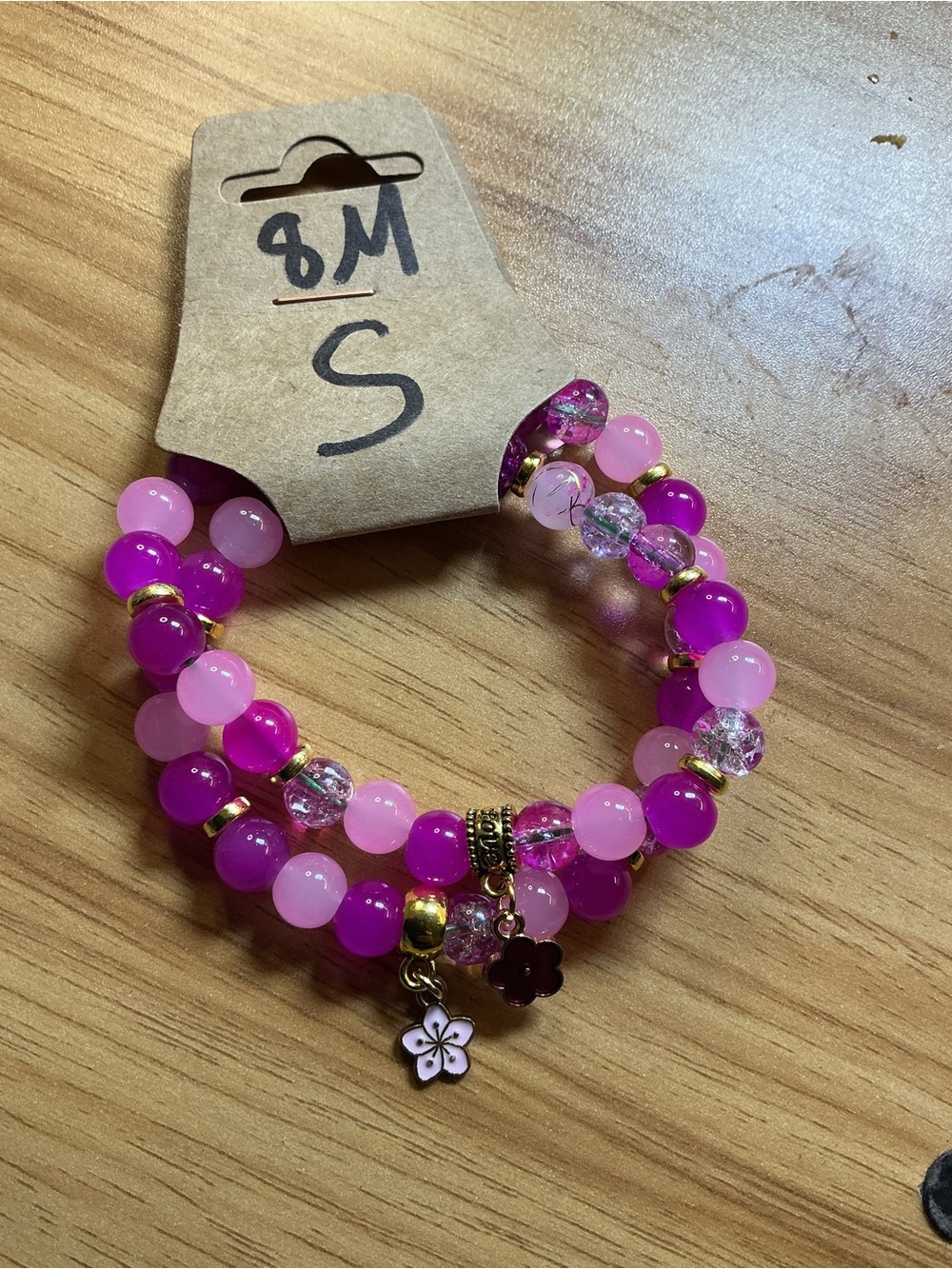 Pink Multi-Bead Stretch Bracelet Set with Flower Charms
